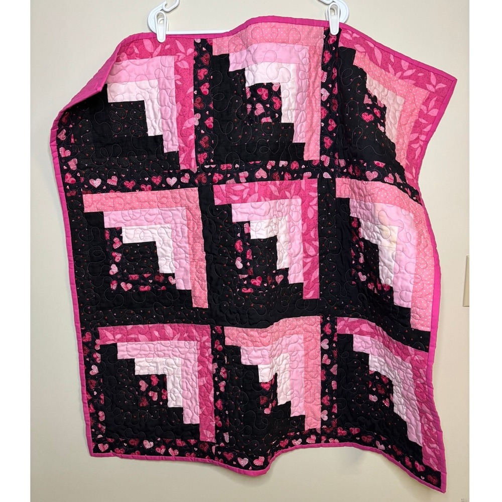 Handmade Pink Black Heart Log Cabin Patchwork Quilt Kid Baby Blanket 36x36 Stain